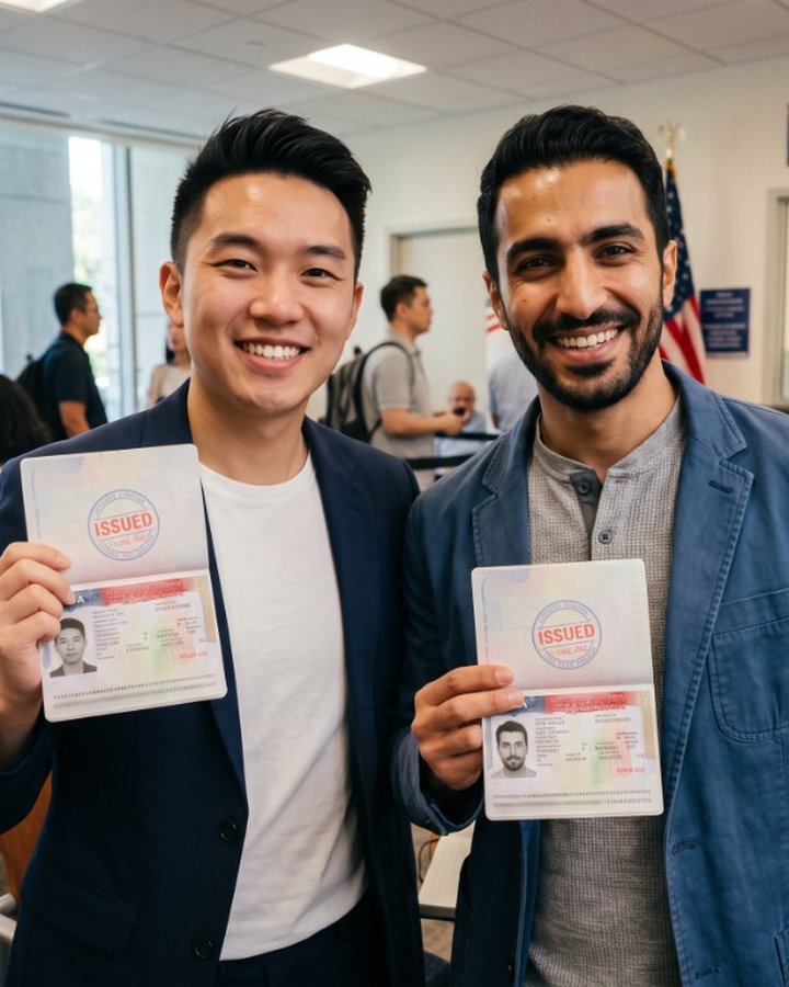 Two happy applicants holding open passports with ISSUED stamps